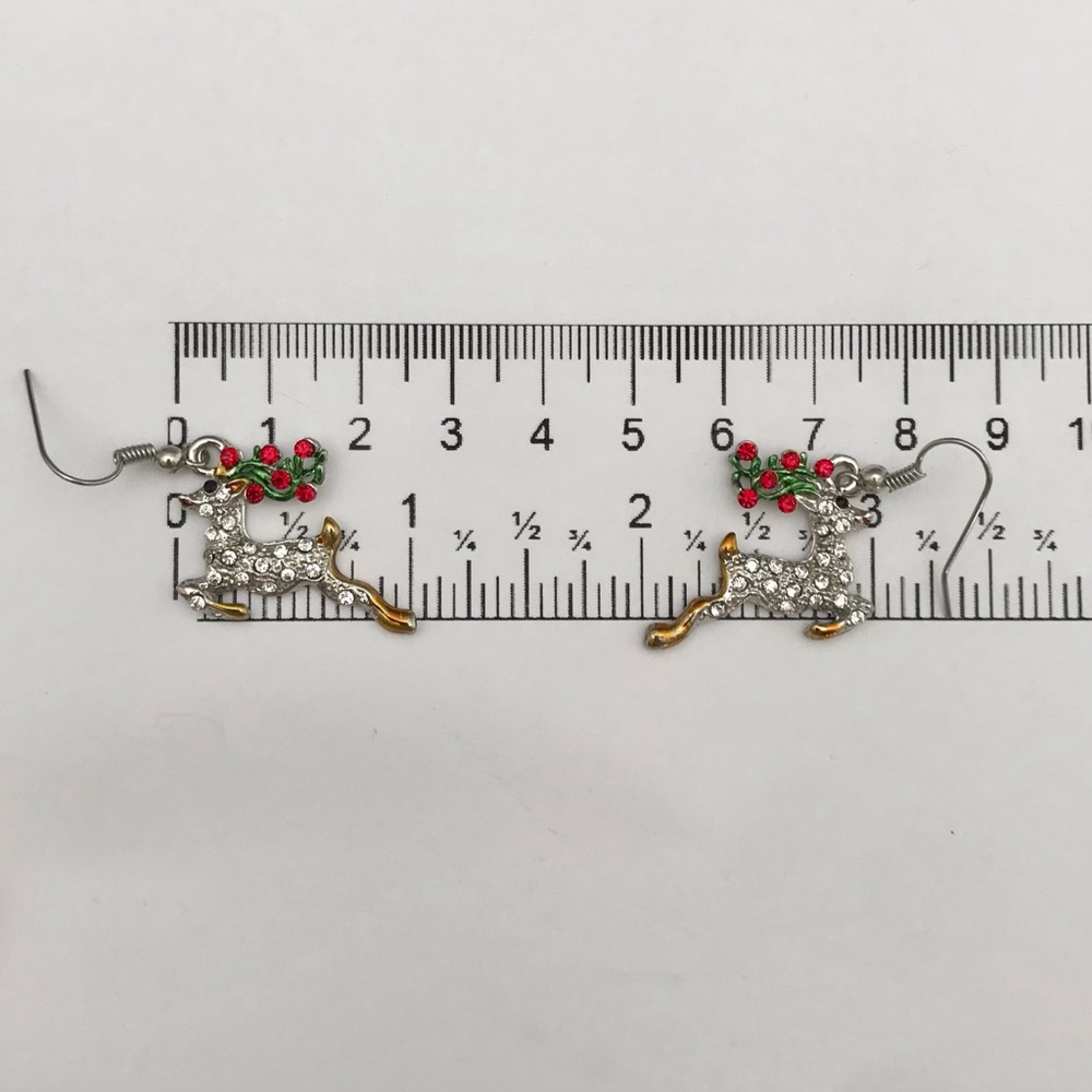 Silver Tone Christmas Reindeer Dangle Pierced Earrings - Picture 3 of 3